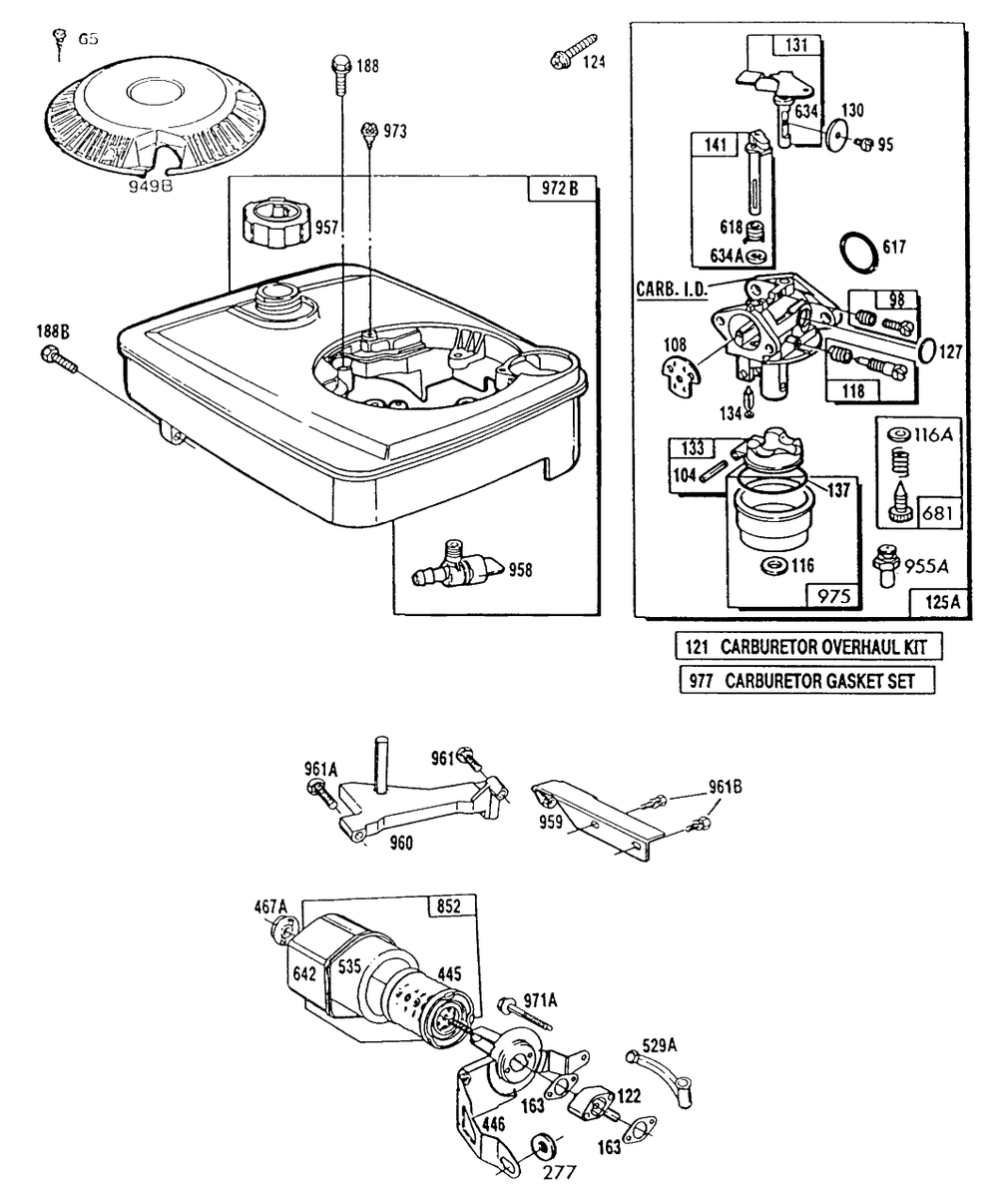 Carburetors And Fuel Tank Assembly Diagram and Parts List for 114702-0172-XX  Briggs and Stratton Engine